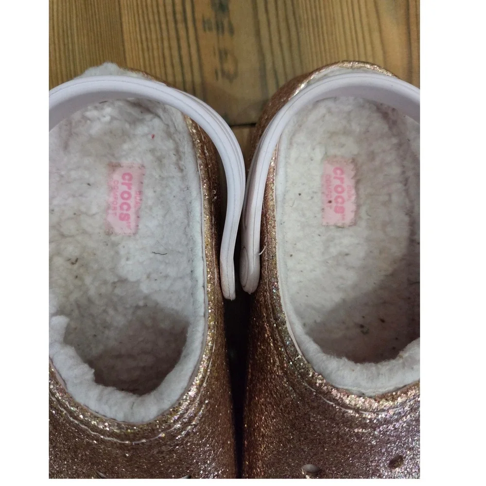 Crocs Kids Comfort Classic Lined Clog Rose Gold Glitter Sparkle Fleece Soft 4